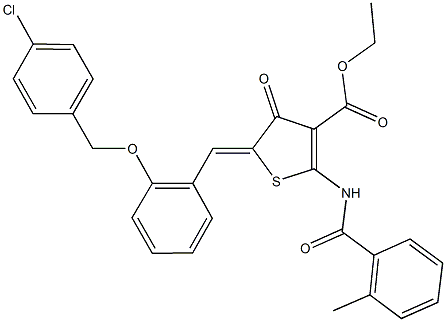 ethyl 5-{2-[(4-chlorobenzyl)oxy]benzylidene}-2-[(2-methylbenzoyl)amino]-4-oxo-4,5-dihydro-3-thiophenecarboxylate,592514-50-6,结构式