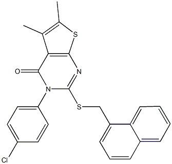 3-(4-chlorophenyl)-5,6-dimethyl-2-[(1-naphthylmethyl)sulfanyl]thieno[2,3-d]pyrimidin-4(3H)-one 化学構造式