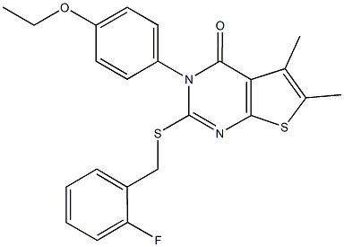 3-(4-ethoxyphenyl)-2-[(2-fluorobenzyl)sulfanyl]-5,6-dimethylthieno[2,3-d]pyrimidin-4(3H)-one Struktur