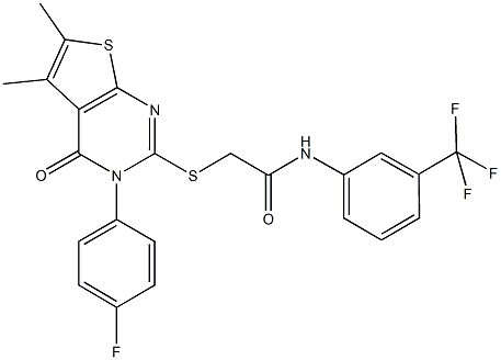 2-{[3-(4-fluorophenyl)-5,6-dimethyl-4-oxo-3,4-dihydrothieno[2,3-d]pyrimidin-2-yl]sulfanyl}-N-[3-(trifluoromethyl)phenyl]acetamide 化学構造式