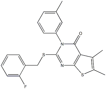 2-[(2-fluorobenzyl)sulfanyl]-5,6-dimethyl-3-(3-methylphenyl)thieno[2,3-d]pyrimidin-4(3H)-one 结构式