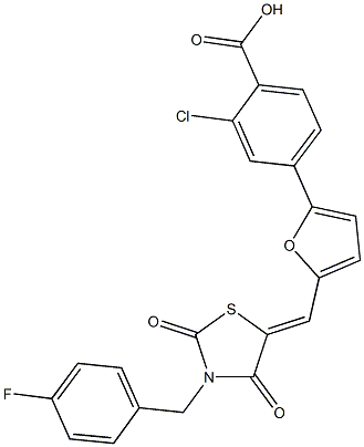 2-chloro-4-(5-{[3-(4-fluorobenzyl)-2,4-dioxo-1,3-thiazolidin-5-ylidene]methyl}-2-furyl)benzoic acid,592538-28-8,结构式