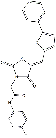 2-{2,4-dioxo-5-[(5-phenyl-2-furyl)methylene]-1,3-thiazolidin-3-yl}-N-(4-fluorophenyl)acetamide 化学構造式