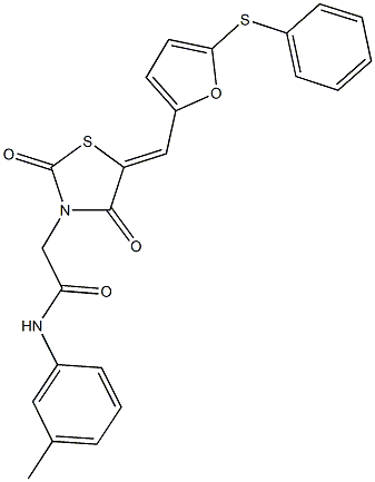 2-(2,4-dioxo-5-{[5-(phenylsulfanyl)-2-furyl]methylene}-1,3-thiazolidin-3-yl)-N-(3-methylphenyl)acetamide,592538-77-7,结构式