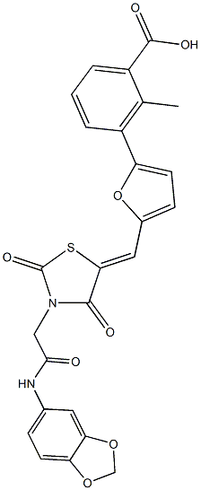 3-[5-({3-[2-(1,3-benzodioxol-5-ylamino)-2-oxoethyl]-2,4-dioxo-1,3-thiazolidin-5-ylidene}methyl)-2-furyl]-2-methylbenzoic acid Struktur