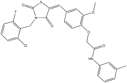 2-(4-{[3-(2-chloro-6-fluorobenzyl)-2,4-dioxo-1,3-thiazolidin-5-ylidene]methyl}-2-methoxyphenoxy)-N-(3-methylphenyl)acetamide 结构式