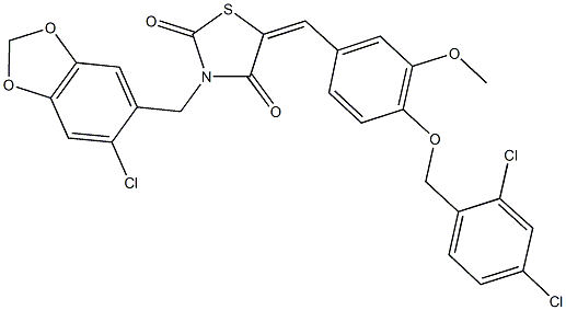 3-[(6-chloro-1,3-benzodioxol-5-yl)methyl]-5-{4-[(2,4-dichlorobenzyl)oxy]-3-methoxybenzylidene}-1,3-thiazolidine-2,4-dione Structure