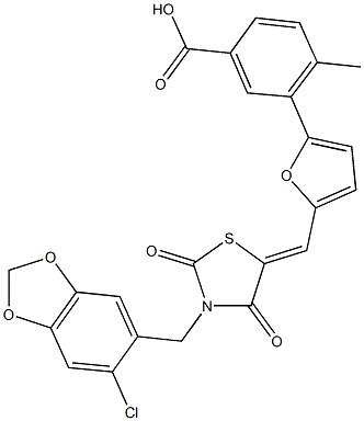 592540-37-9 3-[5-({3-[(6-chloro-1,3-benzodioxol-5-yl)methyl]-2,4-dioxo-1,3-thiazolidin-5-ylidene}methyl)-2-furyl]-4-methylbenzoic acid