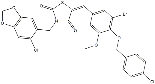 5-{3-bromo-4-[(4-chlorobenzyl)oxy]-5-methoxybenzylidene}-3-[(6-chloro-1,3-benzodioxol-5-yl)methyl]-1,3-thiazolidine-2,4-dione Structure