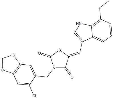 3-[(6-chloro-1,3-benzodioxol-5-yl)methyl]-5-[(7-ethyl-1H-indol-3-yl)methylene]-1,3-thiazolidine-2,4-dione,592545-16-9,结构式