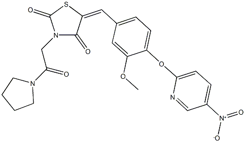 5-[4-({5-nitro-2-pyridinyl}oxy)-3-methoxybenzylidene]-3-[2-oxo-2-(1-pyrrolidinyl)ethyl]-1,3-thiazolidine-2,4-dione 化学構造式