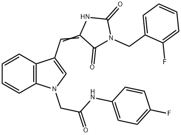2-(3-{[1-(2-fluorobenzyl)-2,5-dioxo-4-imidazolidinylidene]methyl}-1H-indol-1-yl)-N-(4-fluorophenyl)acetamide Structure