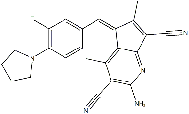 2-amino-5-[3-fluoro-4-(1-pyrrolidinyl)benzylidene]-4,6-dimethyl-5H-cyclopenta[b]pyridine-3,7-dicarbonitrile Struktur