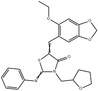 5-[(6-ethoxy-1,3-benzodioxol-5-yl)methylene]-2-(phenylimino)-3-(tetrahydro-2-furanylmethyl)-1,3-thiazolidin-4-one 结构式