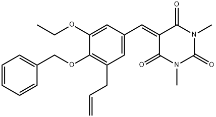 5-[3-allyl-4-(benzyloxy)-5-ethoxybenzylidene]-1,3-dimethyl-2,4,6(1H,3H,5H)-pyrimidinetrione 化学構造式