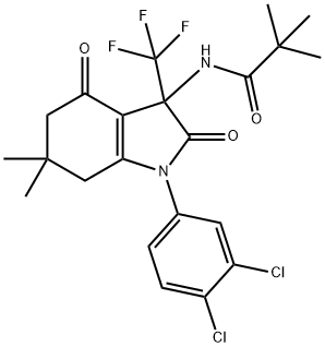 N-[1-(3,4-dichlorophenyl)-6,6-dimethyl-2,4-dioxo-3-(trifluoromethyl)-2,3,4,5,6,7-hexahydro-1H-indol-3-yl]-2,2-dimethylpropanamide Struktur