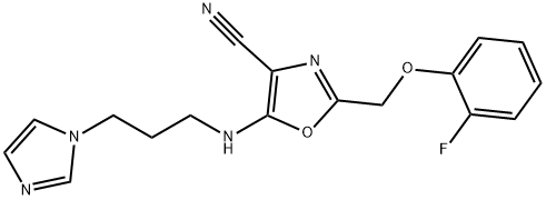 2-[(2-fluorophenoxy)methyl]-5-{[3-(1H-imidazol-1-yl)propyl]amino}-1,3-oxazole-4-carbonitrile Struktur
