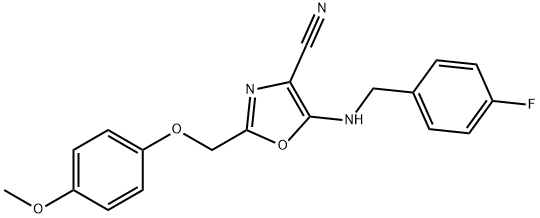 5-[(4-fluorobenzyl)amino]-2-[(4-methoxyphenoxy)methyl]-1,3-oxazole-4-carbonitrile Struktur