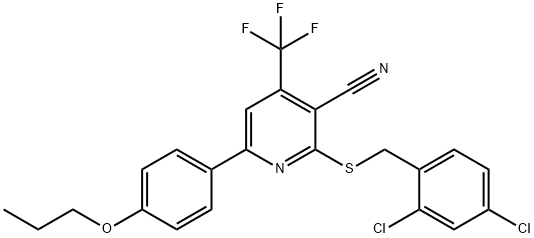 2-[(2,4-dichlorobenzyl)sulfanyl]-6-(4-propoxyphenyl)-4-(trifluoromethyl)nicotinonitrile Struktur