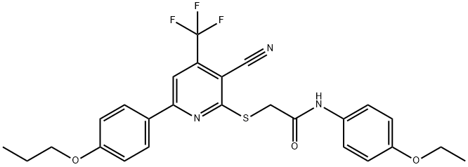 2-{[3-cyano-6-(4-propoxyphenyl)-4-(trifluoromethyl)pyridin-2-yl]sulfanyl}-N-(4-ethoxyphenyl)acetamide,608494-95-7,结构式