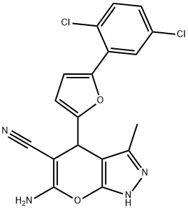 6-amino-4-[5-(2,5-dichlorophenyl)-2-furyl]-3-methyl-1,4-dihydropyrano[2,3-c]pyrazole-5-carbonitrile Struktur