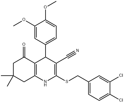 2-[(3,4-dichlorobenzyl)sulfanyl]-4-(3,4-dimethoxyphenyl)-7,7-dimethyl-5-oxo-1,4,5,6,7,8-hexahydro-3-quinolinecarbonitrile Struktur
