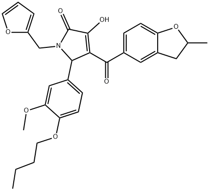 5-(4-butoxy-3-methoxyphenyl)-1-(2-furylmethyl)-3-hydroxy-4-[(2-methyl-2,3-dihydro-1-benzofuran-5-yl)carbonyl]-1,5-dihydro-2H-pyrrol-2-one Struktur