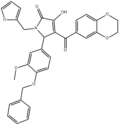 5-[4-(benzyloxy)-3-methoxyphenyl]-4-(2,3-dihydro-1,4-benzodioxin-6-ylcarbonyl)-1-(2-furylmethyl)-3-hydroxy-1,5-dihydro-2H-pyrrol-2-one 化学構造式