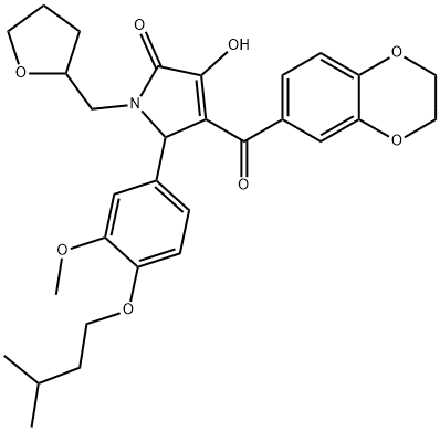 4-(2,3-dihydro-1,4-benzodioxin-6-ylcarbonyl)-3-hydroxy-5-[4-(isopentyloxy)-3-methoxyphenyl]-1-(tetrahydro-2-furanylmethyl)-1,5-dihydro-2H-pyrrol-2-one Struktur
