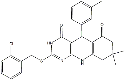 2-[(2-chlorobenzyl)sulfanyl]-8,8-dimethyl-5-(3-methylphenyl)-5,8,9,10-tetrahydropyrimido[4,5-b]quinoline-4,6(3H,7H)-dione,618397-00-5,结构式