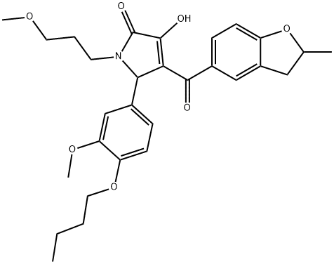 5-(4-butoxy-3-methoxyphenyl)-3-hydroxy-1-(3-methoxypropyl)-4-[(2-methyl-2,3-dihydro-1-benzofuran-5-yl)carbonyl]-1,5-dihydro-2H-pyrrol-2-one 化学構造式