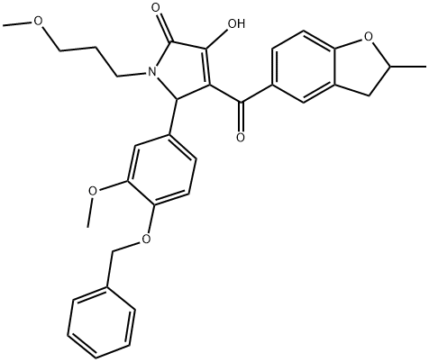 5-[4-(benzyloxy)-3-methoxyphenyl]-3-hydroxy-1-(3-methoxypropyl)-4-[(2-methyl-2,3-dihydro-1-benzofuran-5-yl)carbonyl]-1,5-dihydro-2H-pyrrol-2-one Struktur