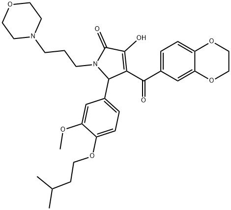 4-(2,3-dihydro-1,4-benzodioxin-6-ylcarbonyl)-3-hydroxy-5-[4-(isopentyloxy)-3-methoxyphenyl]-1-[3-(4-morpholinyl)propyl]-1,5-dihydro-2H-pyrrol-2-one Struktur