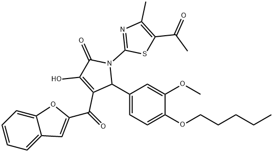 1-(5-acetyl-4-methyl-1,3-thiazol-2-yl)-4-(1-benzofuran-2-ylcarbonyl)-3-hydroxy-5-[3-methoxy-4-(pentyloxy)phenyl]-1,5-dihydro-2H-pyrrol-2-one,618864-15-6,结构式