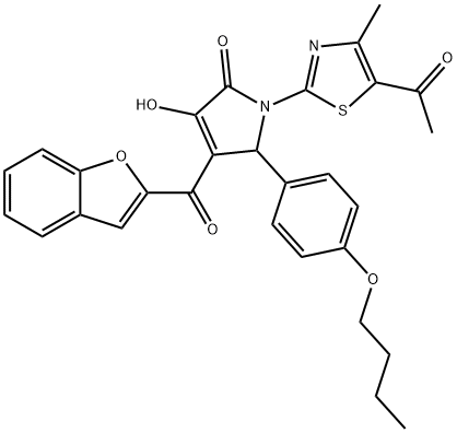 1-(5-acetyl-4-methyl-1,3-thiazol-2-yl)-4-(1-benzofuran-2-ylcarbonyl)-5-(4-butoxyphenyl)-3-hydroxy-1,5-dihydro-2H-pyrrol-2-one 化学構造式