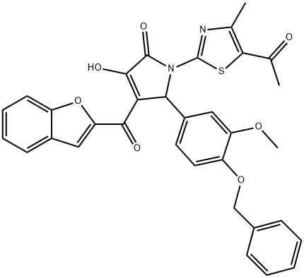 1-(5-acetyl-4-methyl-1,3-thiazol-2-yl)-4-(1-benzofuran-2-ylcarbonyl)-5-[4-(benzyloxy)-3-methoxyphenyl]-3-hydroxy-1,5-dihydro-2H-pyrrol-2-one 化学構造式