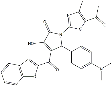 1-(5-acetyl-4-methyl-1,3-thiazol-2-yl)-4-(1-benzofuran-2-ylcarbonyl)-5-[4-(dimethylamino)phenyl]-3-hydroxy-1,5-dihydro-2H-pyrrol-2-one 化学構造式