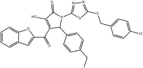 4-(1-benzofuran-2-ylcarbonyl)-1-{5-[(4-chlorobenzyl)sulfanyl]-1,3,4-thiadiazol-2-yl}-5-(4-ethylphenyl)-3-hydroxy-1,5-dihydro-2H-pyrrol-2-one Struktur