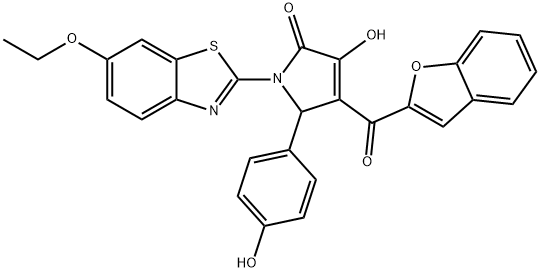 4-(1-benzofuran-2-ylcarbonyl)-1-(6-ethoxy-1,3-benzothiazol-2-yl)-3-hydroxy-5-(4-hydroxyphenyl)-1,5-dihydro-2H-pyrrol-2-one 结构式
