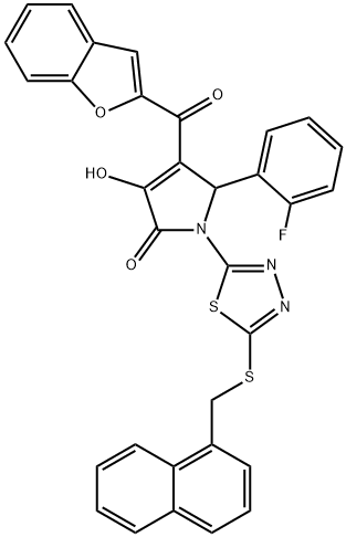 4-(1-benzofuran-2-ylcarbonyl)-5-(2-fluorophenyl)-3-hydroxy-1-{5-[(1-naphthylmethyl)sulfanyl]-1,3,4-thiadiazol-2-yl}-1,5-dihydro-2H-pyrrol-2-one 结构式