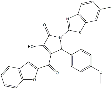 4-(1-benzofuran-2-ylcarbonyl)-3-hydroxy-5-(4-methoxyphenyl)-1-(6-methyl-1,3-benzothiazol-2-yl)-1,5-dihydro-2H-pyrrol-2-one,618872-36-9,结构式