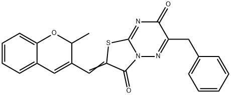 6-benzyl-2-[(2-methyl-2H-chromen-3-yl)methylene]-7H-[1,3]thiazolo[3,2-b][1,2,4]triazine-3,7(2H)-dione Struktur