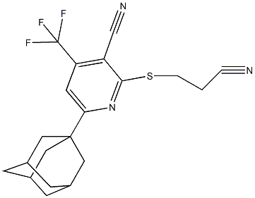 6-(1-adamantyl)-2-[(2-cyanoethyl)sulfanyl]-4-(trifluoromethyl)nicotinonitrile 化学構造式