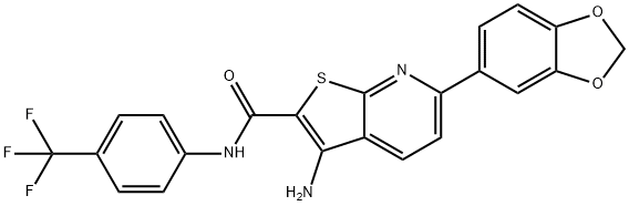 3-amino-6-(1,3-benzodioxol-5-yl)-N-[4-(trifluoromethyl)phenyl]thieno[2,3-b]pyridine-2-carboxamide 化学構造式