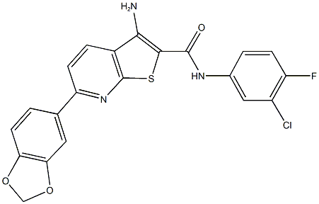 3-amino-6-(1,3-benzodioxol-5-yl)-N-(3-chloro-4-fluorophenyl)thieno[2,3-b]pyridine-2-carboxamide,625369-75-7,结构式