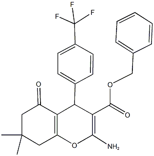 benzyl 2-amino-7,7-dimethyl-5-oxo-4-[4-(trifluoromethyl)phenyl]-5,6,7,8-tetrahydro-4H-chromene-3-carboxylate Struktur