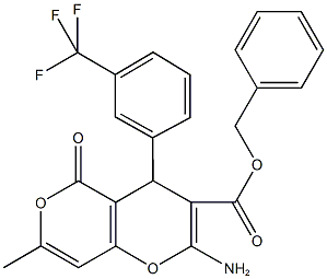 benzyl 2-amino-7-methyl-5-oxo-4-[3-(trifluoromethyl)phenyl]-4H,5H-pyrano[4,3-b]pyran-3-carboxylate Struktur