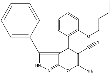 6-amino-4-(2-butoxyphenyl)-3-phenyl-2,4-dihydropyrano[2,3-c]pyrazole-5-carbonitrile 结构式