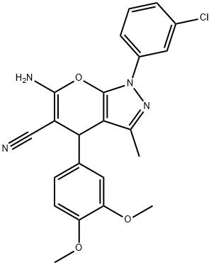 6-amino-1-(3-chlorophenyl)-4-(3,4-dimethoxyphenyl)-3-methyl-1,4-dihydropyrano[2,3-c]pyrazole-5-carbonitrile 化学構造式