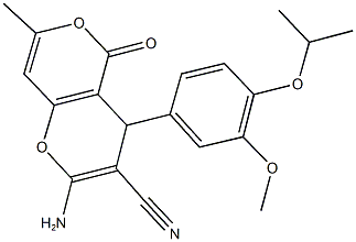 2-amino-4-(4-isopropoxy-3-methoxyphenyl)-7-methyl-5-oxo-4H,5H-pyrano[4,3-b]pyran-3-carbonitrile Struktur